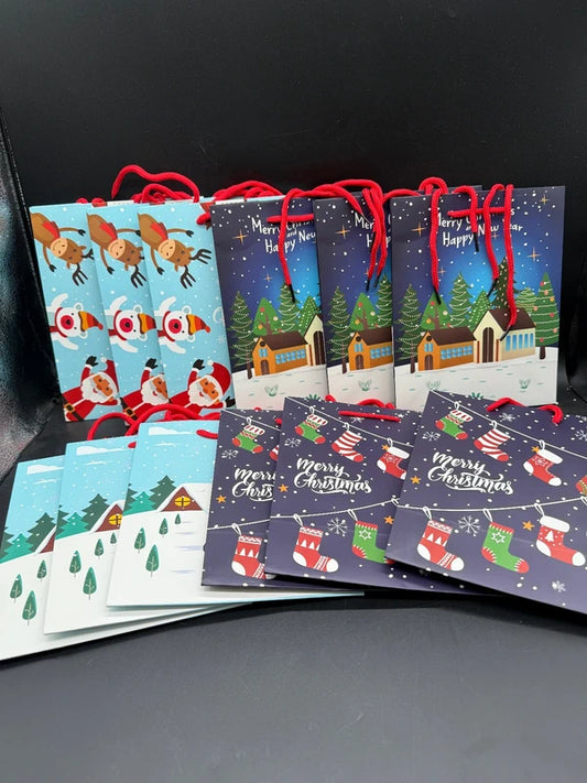 🎄 Christmas Gift Bags – 12 Pack | 4 Festive Designs | 18 × 23 cm 🎁